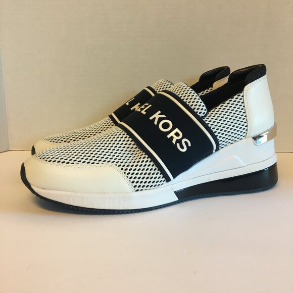 Michael Michael Kors Felix Extreme Trainer Size 10m White Navy Slip On Wedge - Picture 2 of 14